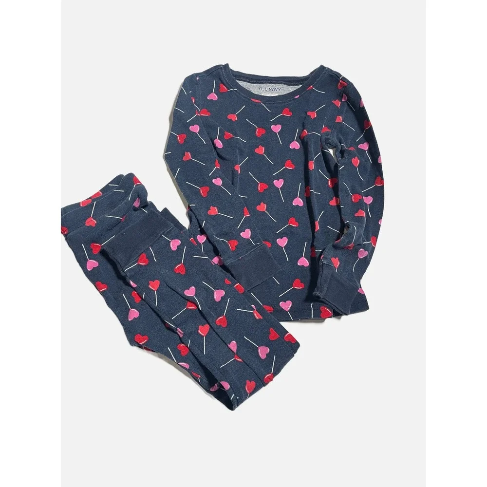 Old Navy Pajama Set Kids 6T Navy Heart Lollipop Print Snug Fit Valentines Day